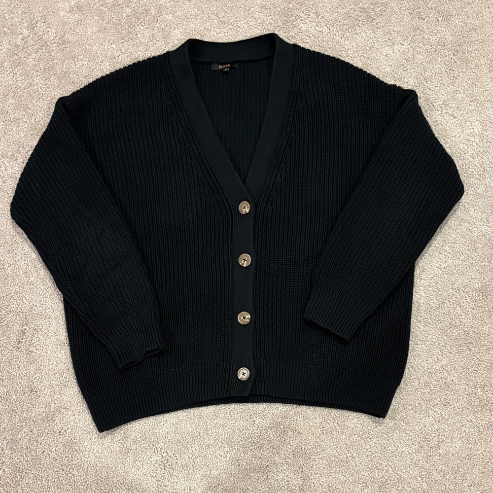 Quince Black Ribbed V-Neck Button Cardigan